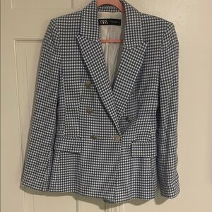 Zara Women's Blue and White houndstooth Blazer